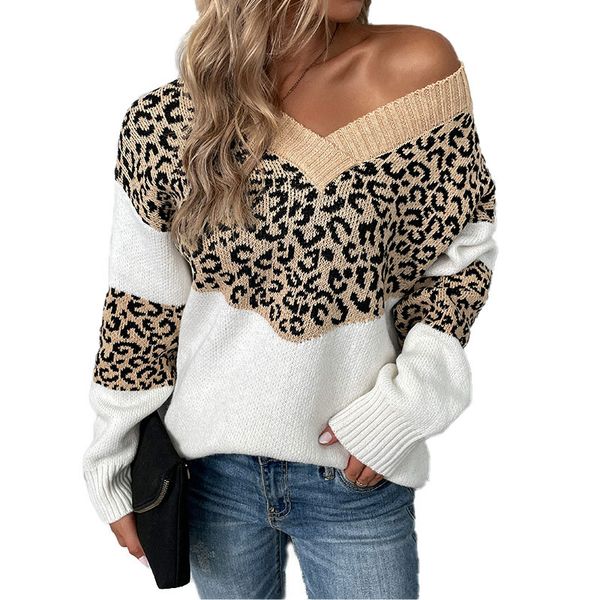 

fashion v neck pullover women's sweaters with leopard pattern color matching long sleeves rib stiches neckline cuff bottom hem autumn w, White;black