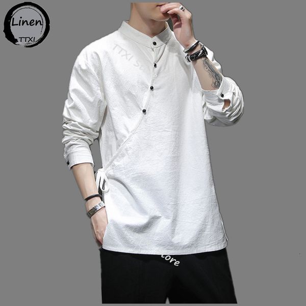 

men's casual shirts mens chinese style hemp shirt cotton linen tang suit hanfu retro stand-up collar zen clothes harajuku clothes men, White;black