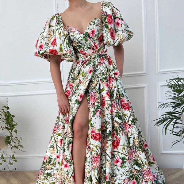 

casual dresses 2023 women's new v-neck chiffon printing high-waisted slim large swing skirt celebrity short-sleeved dress t230303, Black;gray