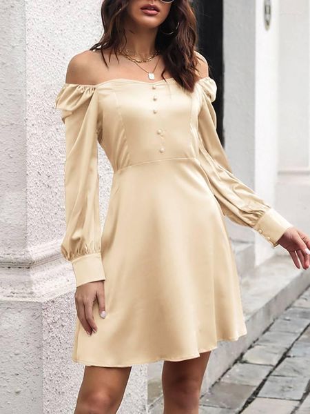 

casual dresses elegant long puff sleeve robes women square collar short vestidos fashion party elastic shoulder satin mini dress, Black;gray