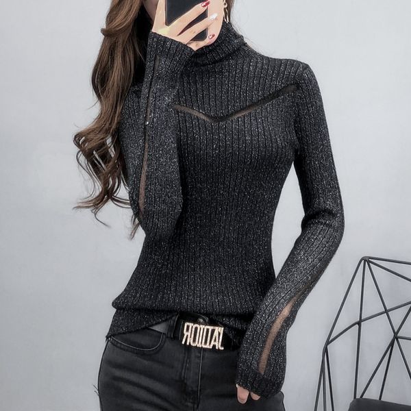

women's sweaters turtleneck sweater slim female long-sleeved perspective net yarn splicing knitwear bright pull ladies sweaters pullove, White;black