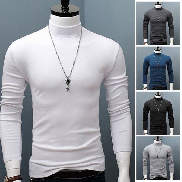 

men's t-shirts winter warm men mock neck basic plain t-shirt blouse pullover long sleeve male outwear slim fit stretch fashion sweater, White;black