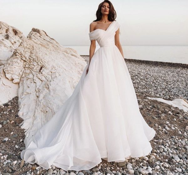 

new princess a-line wedding dress off the shoulder court train organza bridal gown summer beach 2023 robe de mariee, White