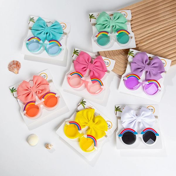 

birthday ribbon 2pcs/set wide nylon headband and rainbow sunglasses set children bowknot headwear set nylon turban cute sun glasses accessor, Slivery;white