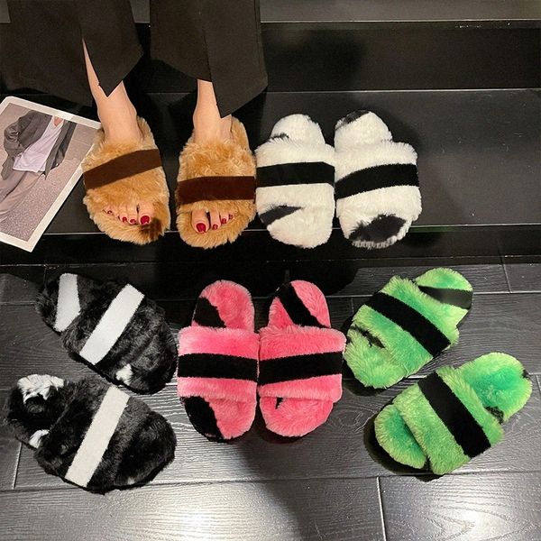 

designer luxury womens warm letters slippers ladies winter wool slides fur fluffy furry sandals comfortable fuzzy girl flip flop slipper eur, Black