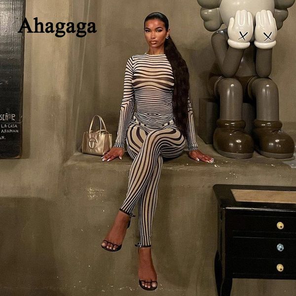

women's two piece pants autumn mesh zebra striped set 2 suit t shirt long see through co ord set female tracksuit costume 230303, White