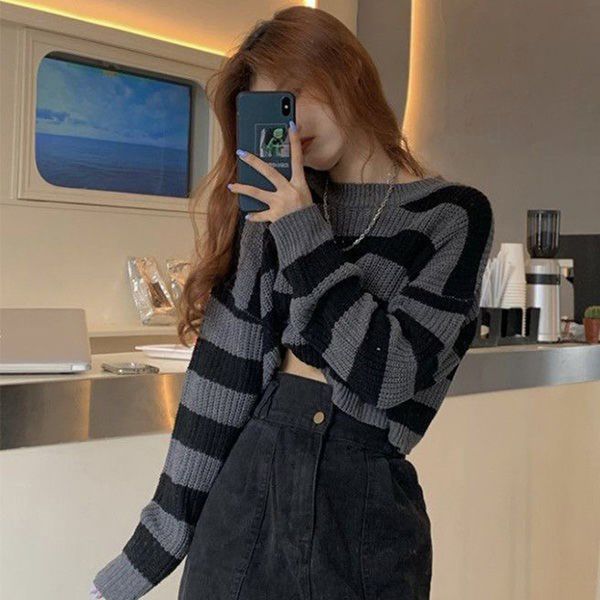 

women's sweaters fashion cropped sweater women black white striped pullover knitted sweater women korean jumper y2k wholesale goth 230, White;black