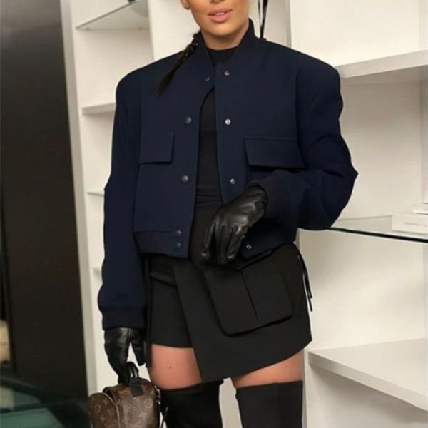 

women's jackets single breated bomber jacket coat women elegant long sleeve large pocket short spring ladies fashion s 230303, Black;brown