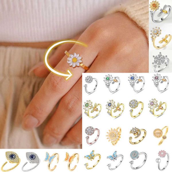 

cluster rings 10mm anxiety rings for women y2k jewelry rings butterfly daisy bead anti stress fidget spinner rings for teens 2022 aesthetic, Golden;silver
