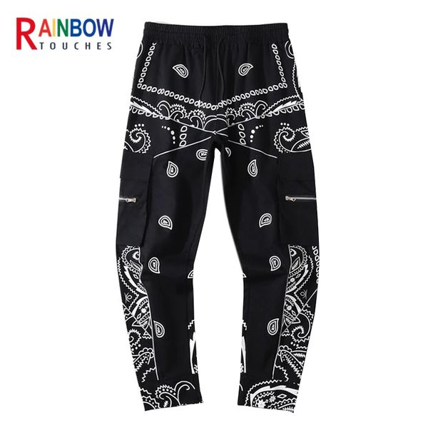 

men's pants rainbowtouches pants mens high street hip hop bandana paisley all over print multi tooling pocket slim casual trend comfort, Black