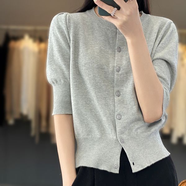 

women's knits tees 23 spring pure cotton cardigan short sleeve loose crew neck coat show thin everything with knitted hemp 230306, White