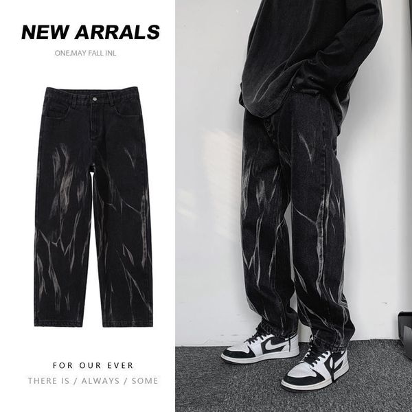 

men's jeans hip-hop tie-dye jeans men fashion retro casual baggy wide-leg jeans mens streetwear korean loose camo straight denim pants, Blue