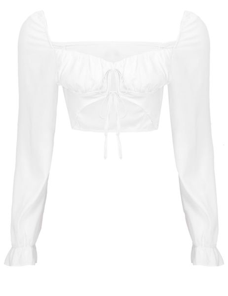 

women s blouses shirts womens elegant square collar ruffled chest front tie up blouse ladies puff sleeve slim white shirts chic cropped 230