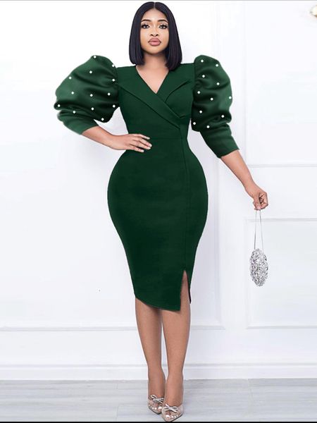 

casual dresses aomei v neck midi dresses for ladies half puff sleeve dark green high waist bodycon slit elegant office work evening party go, Black;gray