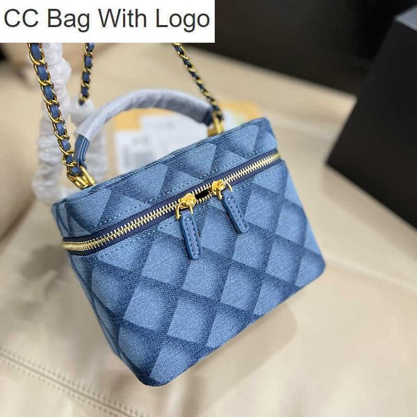 

cc handbags womens denim 3d diamond lattice vanity bags with mirror hnadle totes gold metal hardware matelasse chain crossbody shoulder cosm, Black