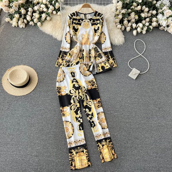 

women's two piece pants 2 pieces set gold print clothes female trousers sets fashion suits blouse shirt wide leg high waist 230303, White