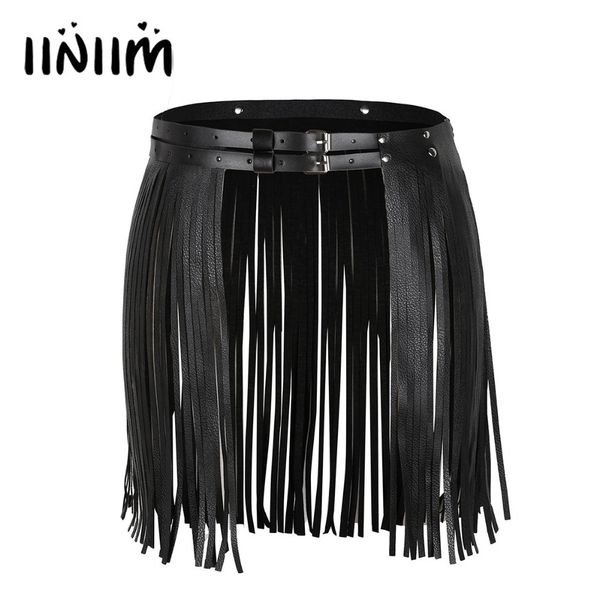 

skirt s adjustable faux leather waistband fringe tassel skirt belt nightclub costume cosplay parties for halloween 230303, Black