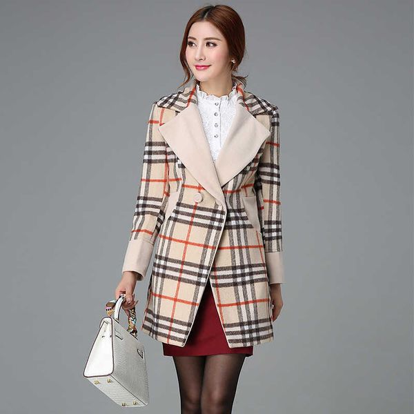 

no replenishment woolen medium and long coat warm lattice women's, Tan;black