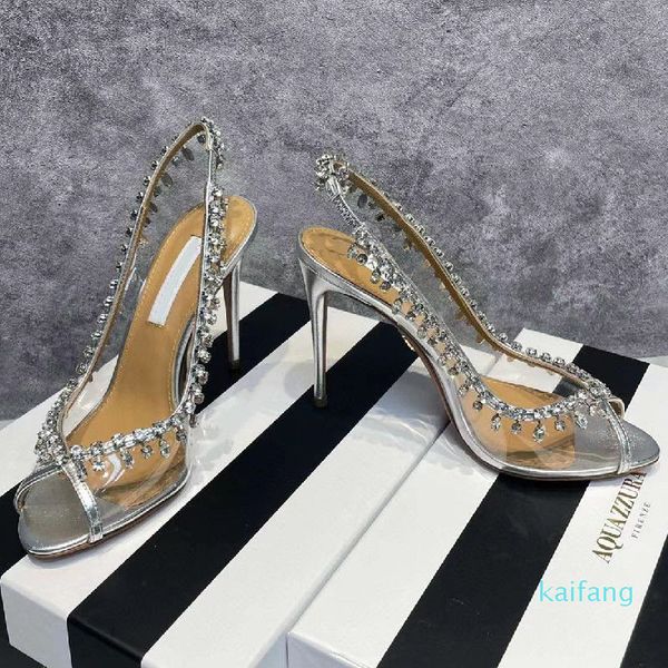 

aquazzura gladiator sandals women pvc crystal design peep toe high heels luxury brand bling summer wedding shoe stiletto heel cmon, Black