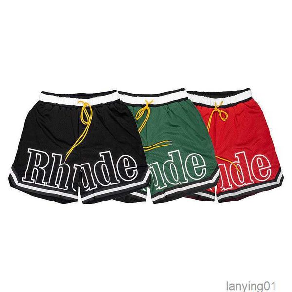 

summer style rhude shorts men streetwear mesh breathable leather embroidery basketball, White;black