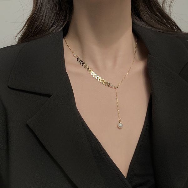 

Premium sense titanium steel pearl wheat ear necklace women's simple niche design pulling tassel collarbone chain wholesale