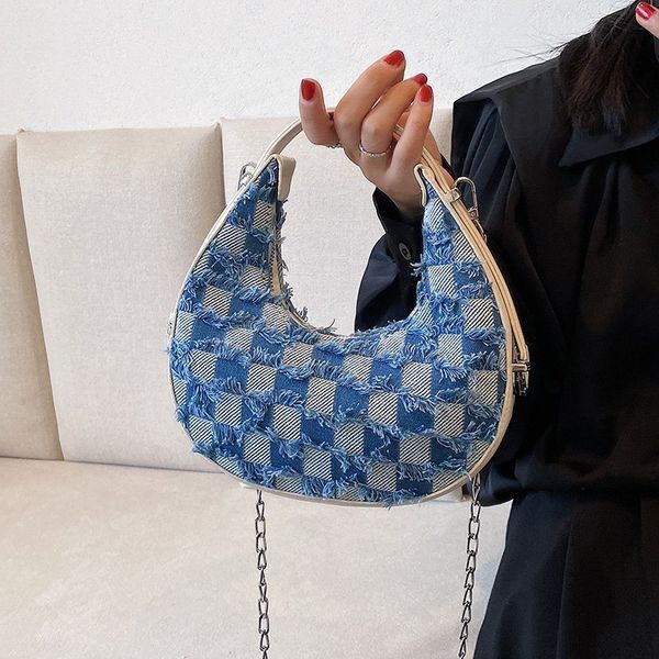 

waist bag small shoulder blue plaid handbag canvas tote chain underarm ladies denim half moon cotton cloth purse 230303