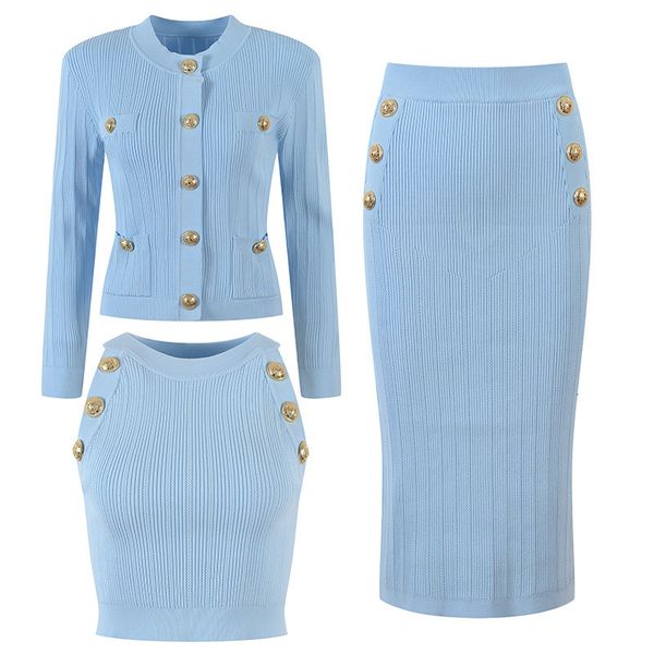 

two piece dress fashion 3 pieces set outfits sweater cardigans midi skirt solid knit crop buttons elegant office lady korean in 230303, White