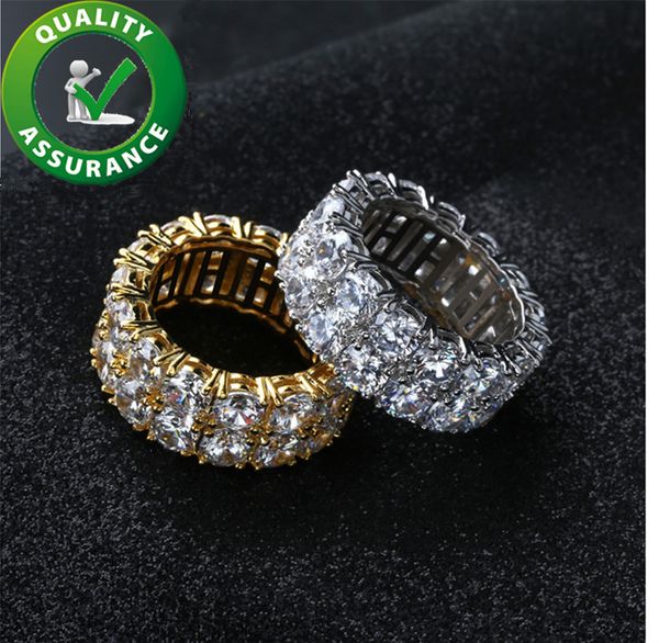 

luxury designer jewelry mens ring 9mm 2rows round cut iced out lab diamond wedding band eternity bands rings for men women hiphop accessorie, Silver