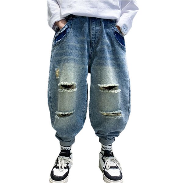 

jeans elegant korean style kids boys destroyed jeans with hole cool boy causal clothing ripped jeans pants fashion teen denim trousers 23030, Blue