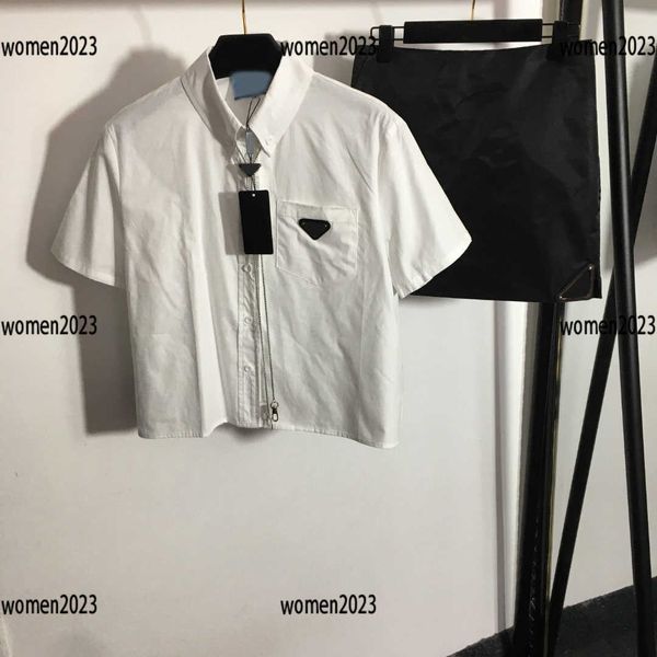 

women sets ladies dress 2pcs pocket shirt and geometric gold logo skirt summer elegant size s-l new arrival mar01, White