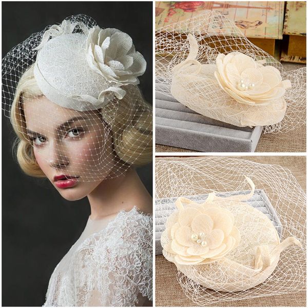 

stingy brim hats vintage wedding bridal hair accessories flower tulle birdcage veil headpiece mini wedding bride hat 230306, Blue;gray