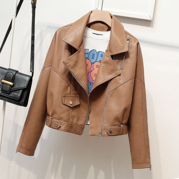 

women's jackets 2023 spring and autumn motorcycle leather lapel short coat loose handsome jacket 230306, Black;brown