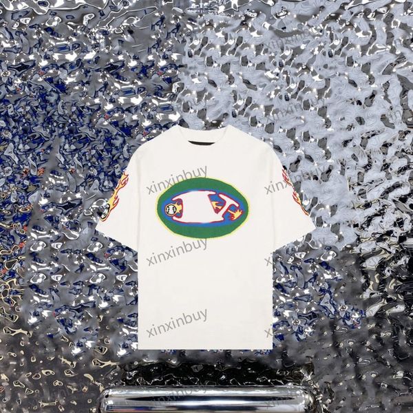 

xinxinbuy men designer tee t shirt 23ss flame jacquard knitted short sleeve cotton women black white blue khaki s-xl, Black;brown