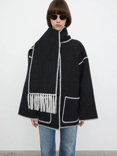 

women's wool blends ioo spring small fragrant style airy embroidered white edge fringe scarf wool jacket toteme brand 230303, Black