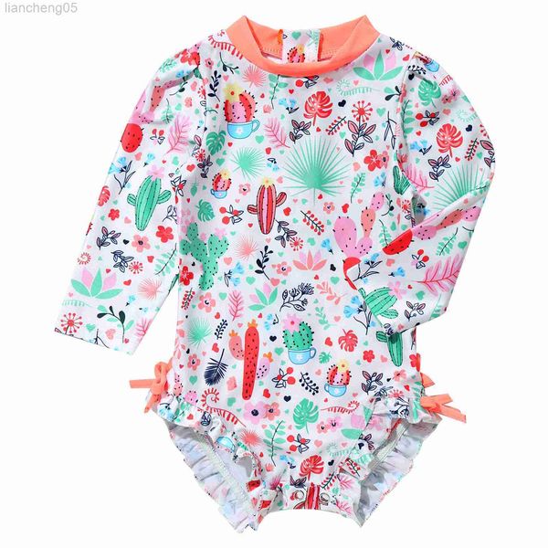 

one-pieces infant baby girls one-piece swimwear long sleeves floral printed with ruffled children swimsuit beach bathing suit rash guard w03, Black