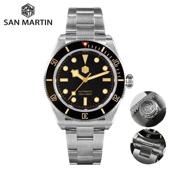 

wristwatches san martin bb58 luxury men watch 40mm vintage diver pt5000 automatic mechanical sapphire waterproof 20bar c3 bgw 9 luminous 230, Slivery;brown