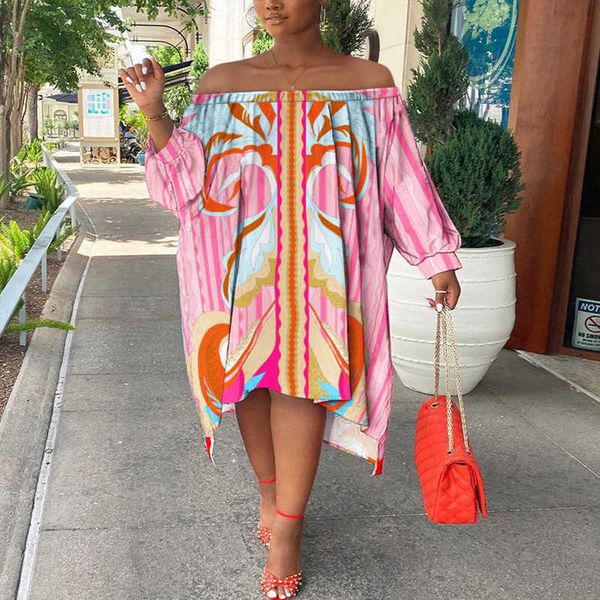 

casual dresses sc8649 women's 2023 summer new pink off shoulder mid-length dress loose long sleeve dress t230303, Black;gray