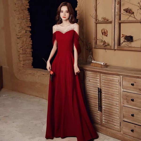 

burgundy evening dresses o neck a line floor length with ribbon sleeveless slim zipper elegant formal engagement party prom gowns, Black;red