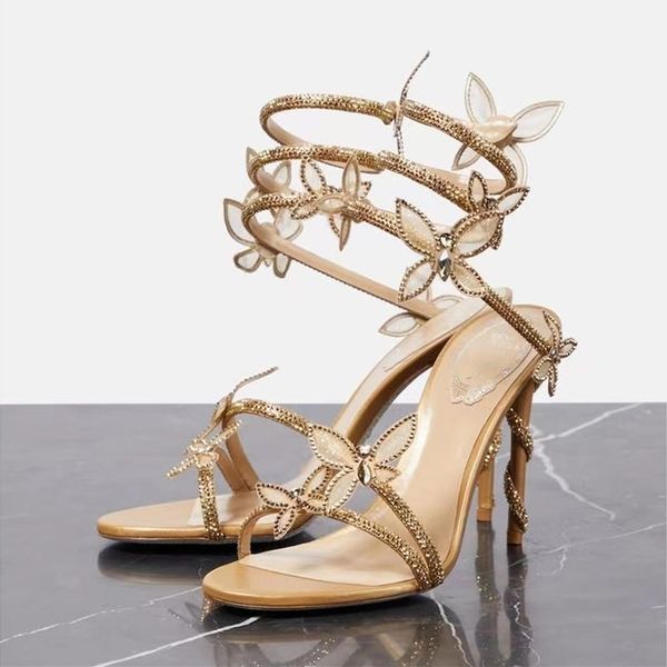 

sandals high heels dress shoes sandal luxury designer crystal ankle strap winding 10mm fashionable stiletto heel for womens rene caovilla 35, Black