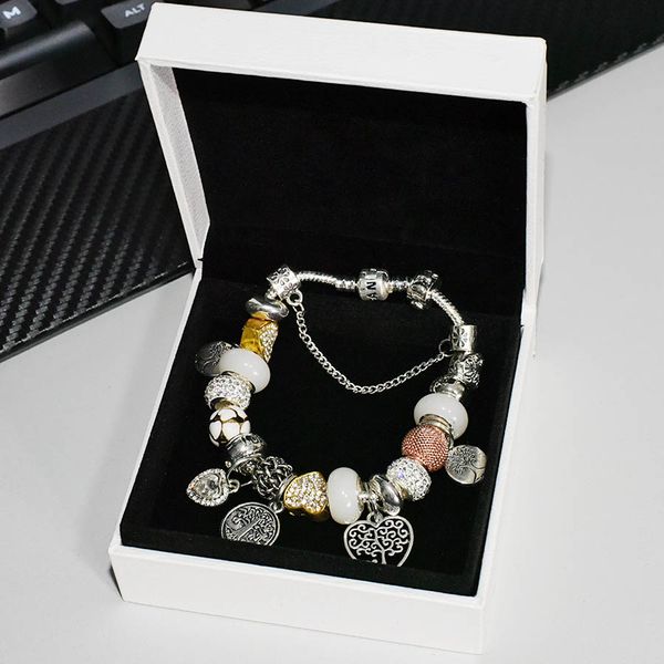 

925 silver plated family tree charms bracelet set original box for pandora snake chain diy beads charm designer bracelets for women girlfrie, Golden;silver