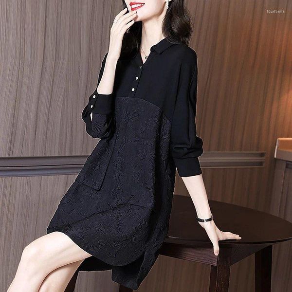 

casual dresses spring and autumn french royal sister temperament light large size cover belly thin a word long sleeve stitching shirt dress, Black;gray
