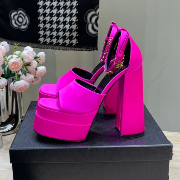 

pink aevitas double platform satin sandals ankle strap side buckle chunky block high heels square open-toe women's luxury designer shoe, Black