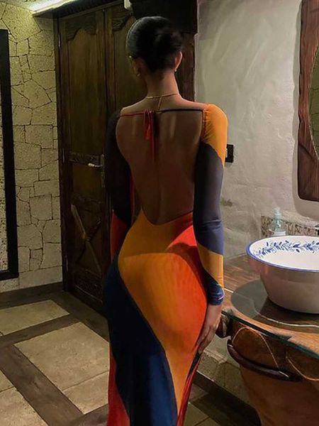 

casual dresses backless maxi dress fashion print long sleeve bodycon party dress beach outfits 2022 new summer evening club dress z0216, Black;gray