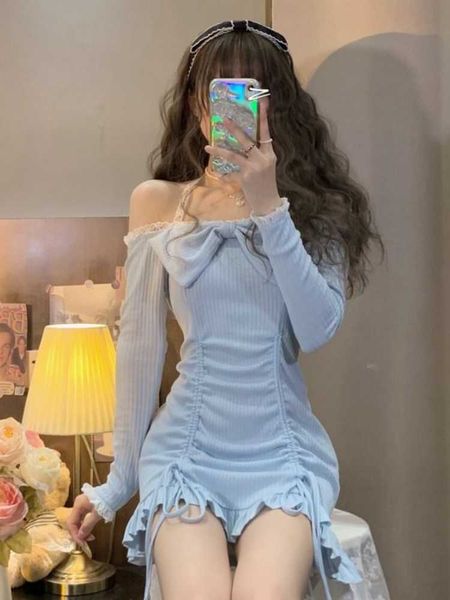 

casual dresses qweek bodycon wrap dress women korean style design kawaii ruffles lolita short dresses lace robe female 2022 autumn z0216, Black;gray
