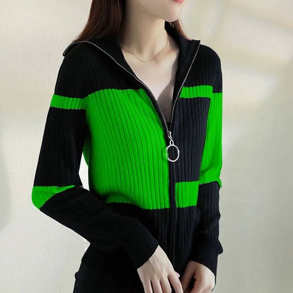 

women's knits tees knitted jacket female autumn striped slim coat simple contrast color allmatch zipper cardigan women blouses oversize, White