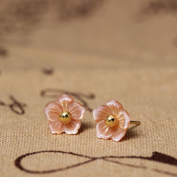 

stud earrings flyleaf 925 sterling silver shell carvings pink peach flowers for women elegant lady gift sterling-silver-jewelrystud, Golden;silver