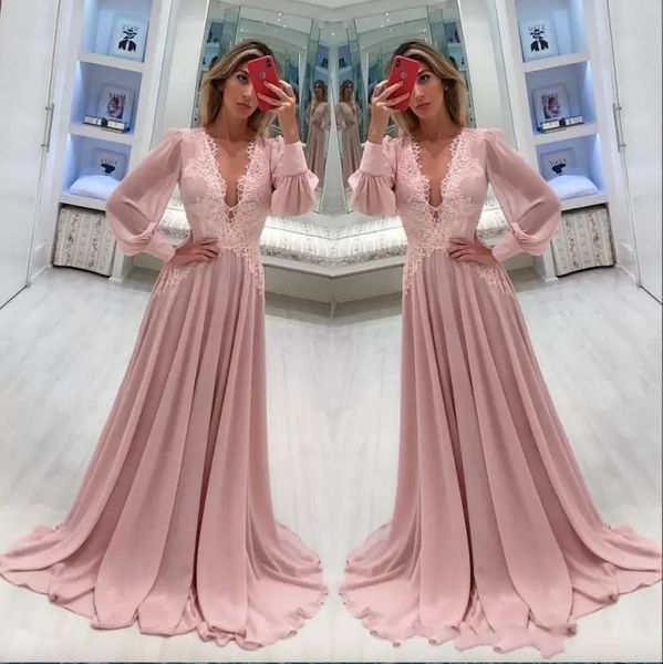 

pink chiffon a line formal mother of the bride dresses deep v neck long sleeves lace appliques weddings party evening prom gowns, Black;red