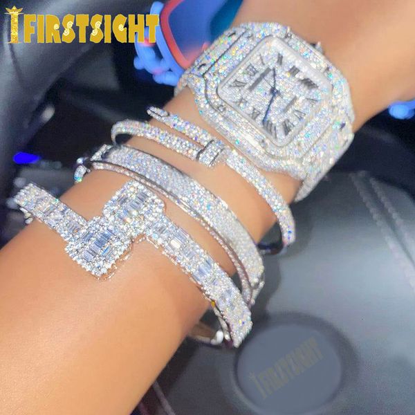 

charm bracelets iced out bling opened square zircon charm bracelet gold silver color rectangle aaa cz bangle for men women hiphop jewelry 23, Golden;silver
