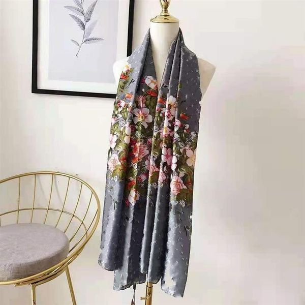 

2021 nice quality classic floral 100% silk scarf for women spring design flower style long scarves scarfs wrap with tag 180x90259x, Blue;gray