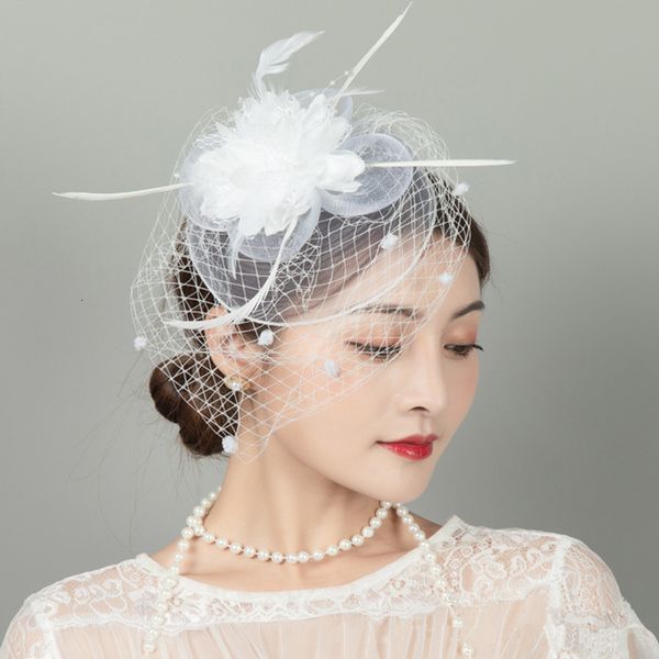 

stingy brim hats vintage bride feather headdress veil hair accessories mesh hat hairpin studio wedding dress accessories korea japan black w, Blue;gray